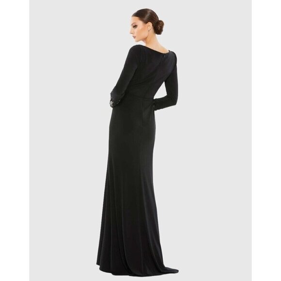 Mac Duggal Size 18 Black 55712 Beaded Cuff Long Sleeve Wrap Trumpet Gown Dress - Picture 3 of 13